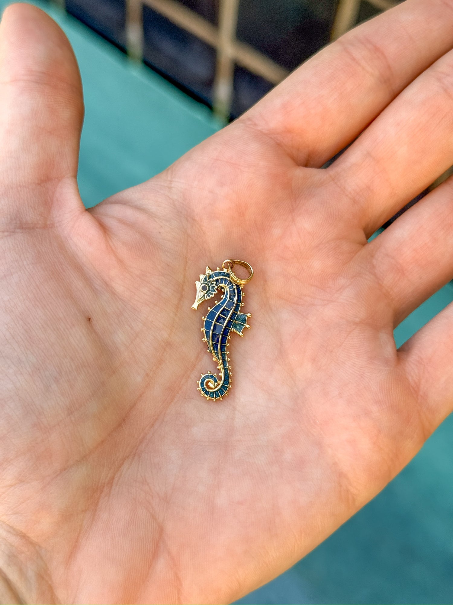 Enamel Seahorse in 14K