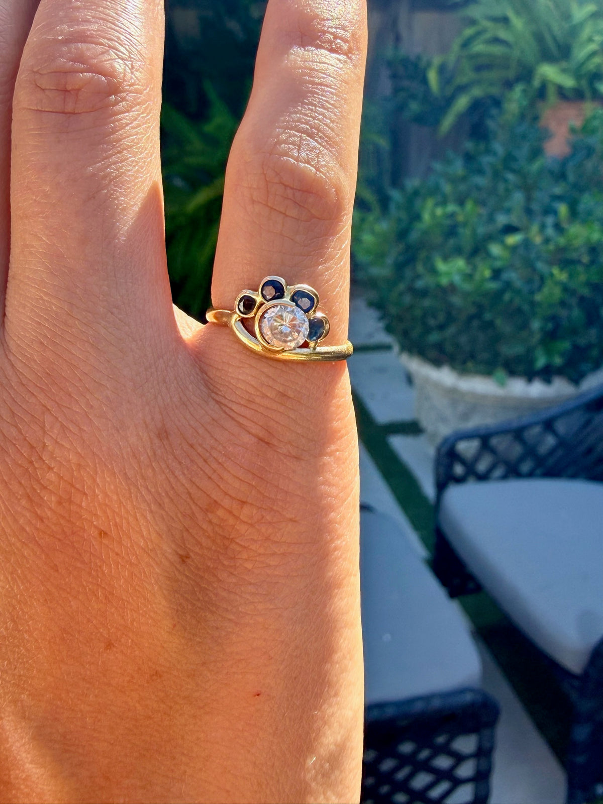 Old Mine Cut Diamond and Sapphire Ring in 14k