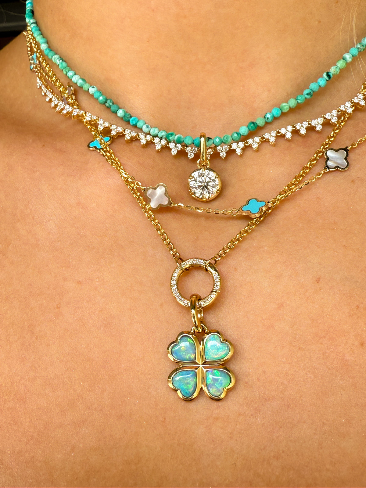 White Opal Clover Clip Pendant in 14k