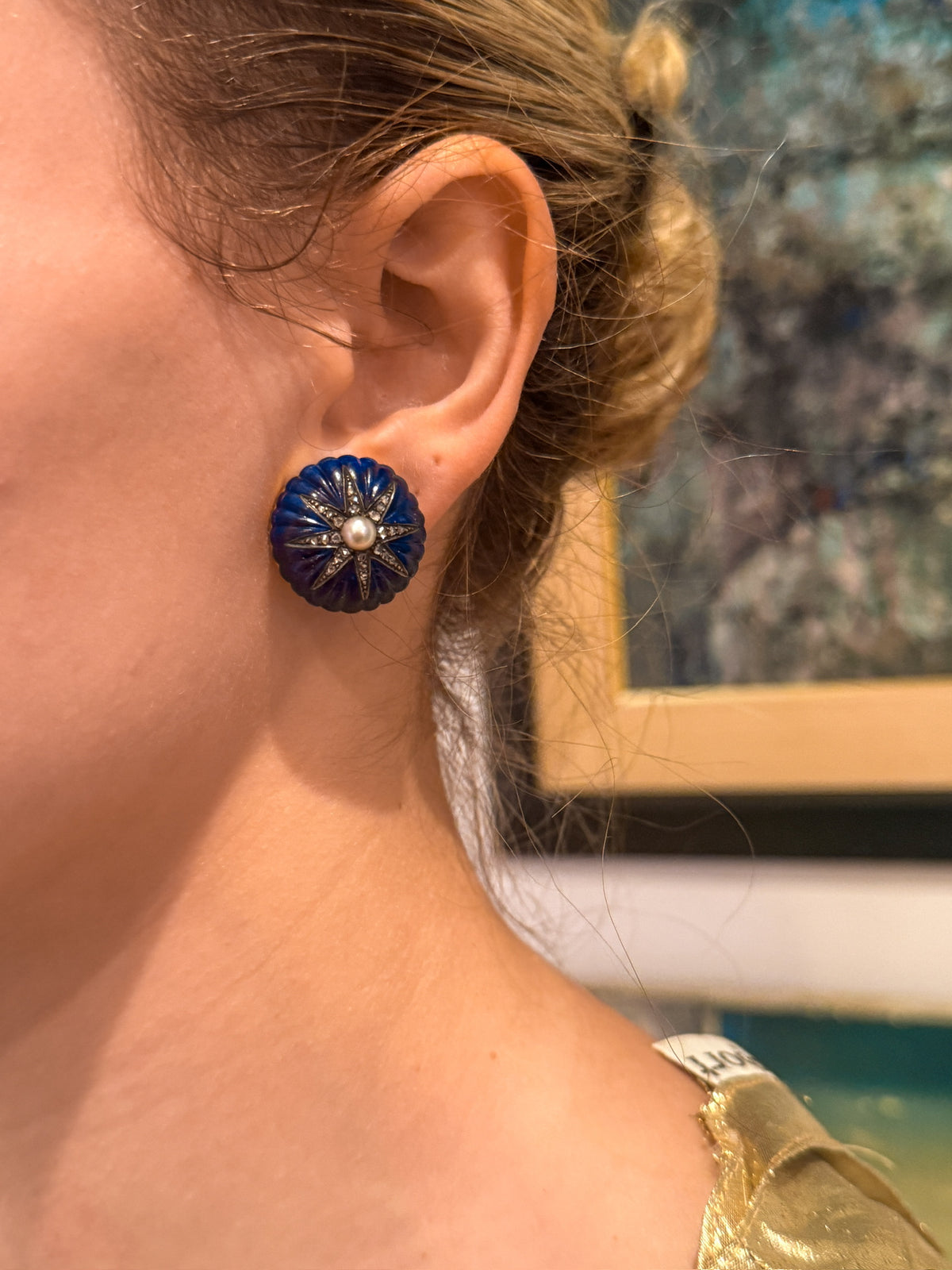 Vintage Lapis, Diamond, and Pearl Earrings in 9k