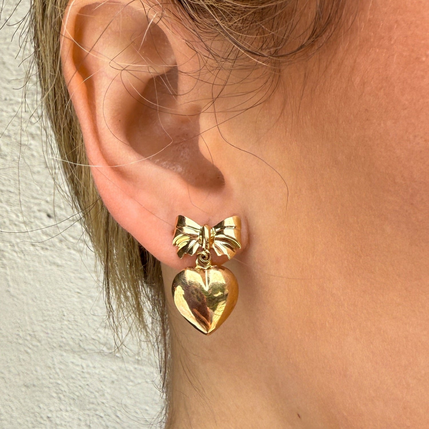 Vintage Heart Bow Earrings in 14K