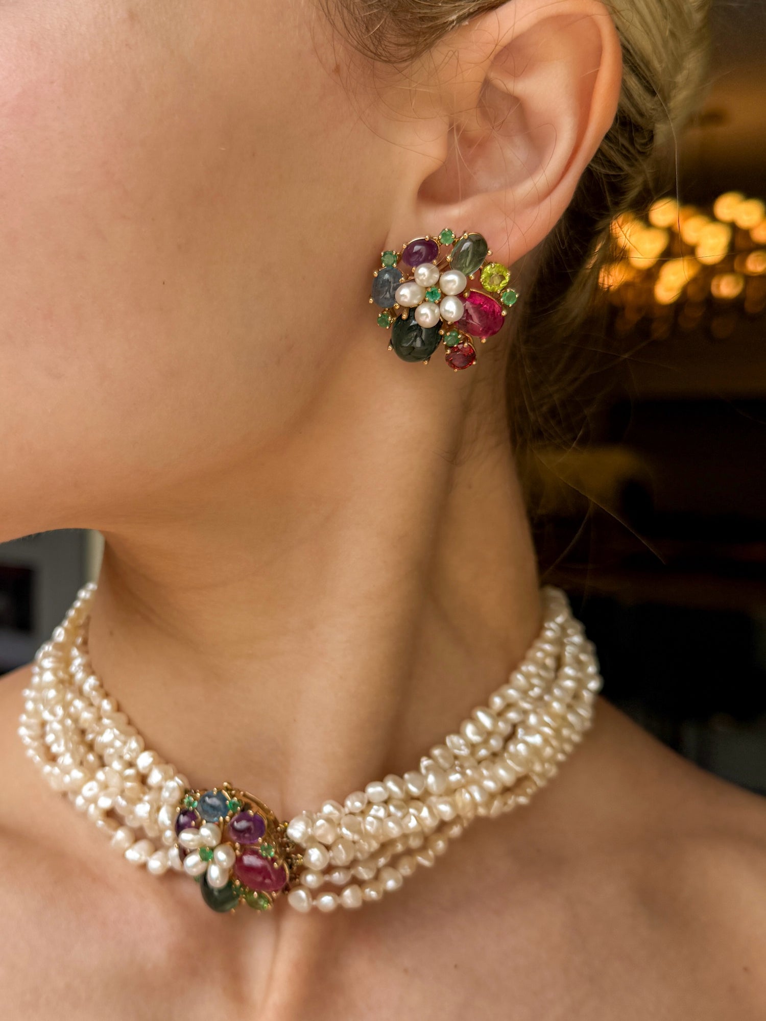 Pearl and Multi-Gemstone Flower Earrings in 14k