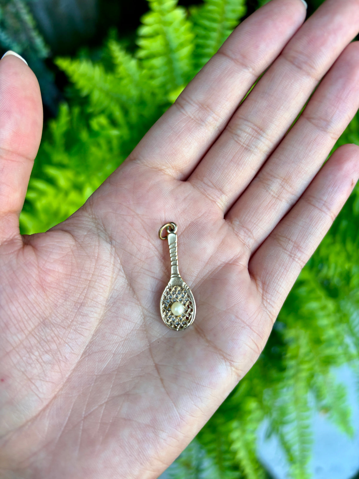Vintage Tennis Racquet Charm with Pearl in 14k