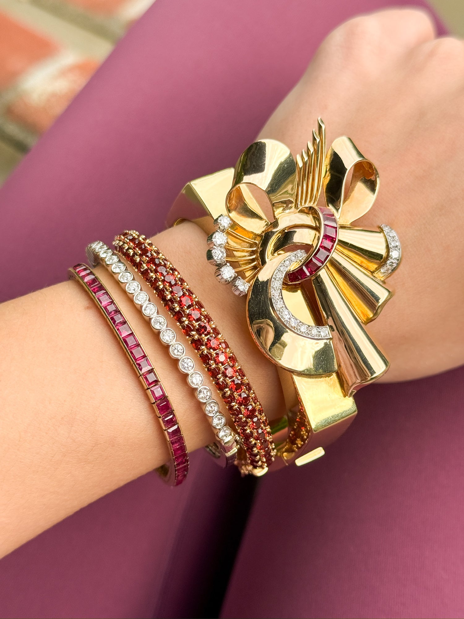 Vintage Retro Hinge Bracelet with Rubies and Diamonds in 18k