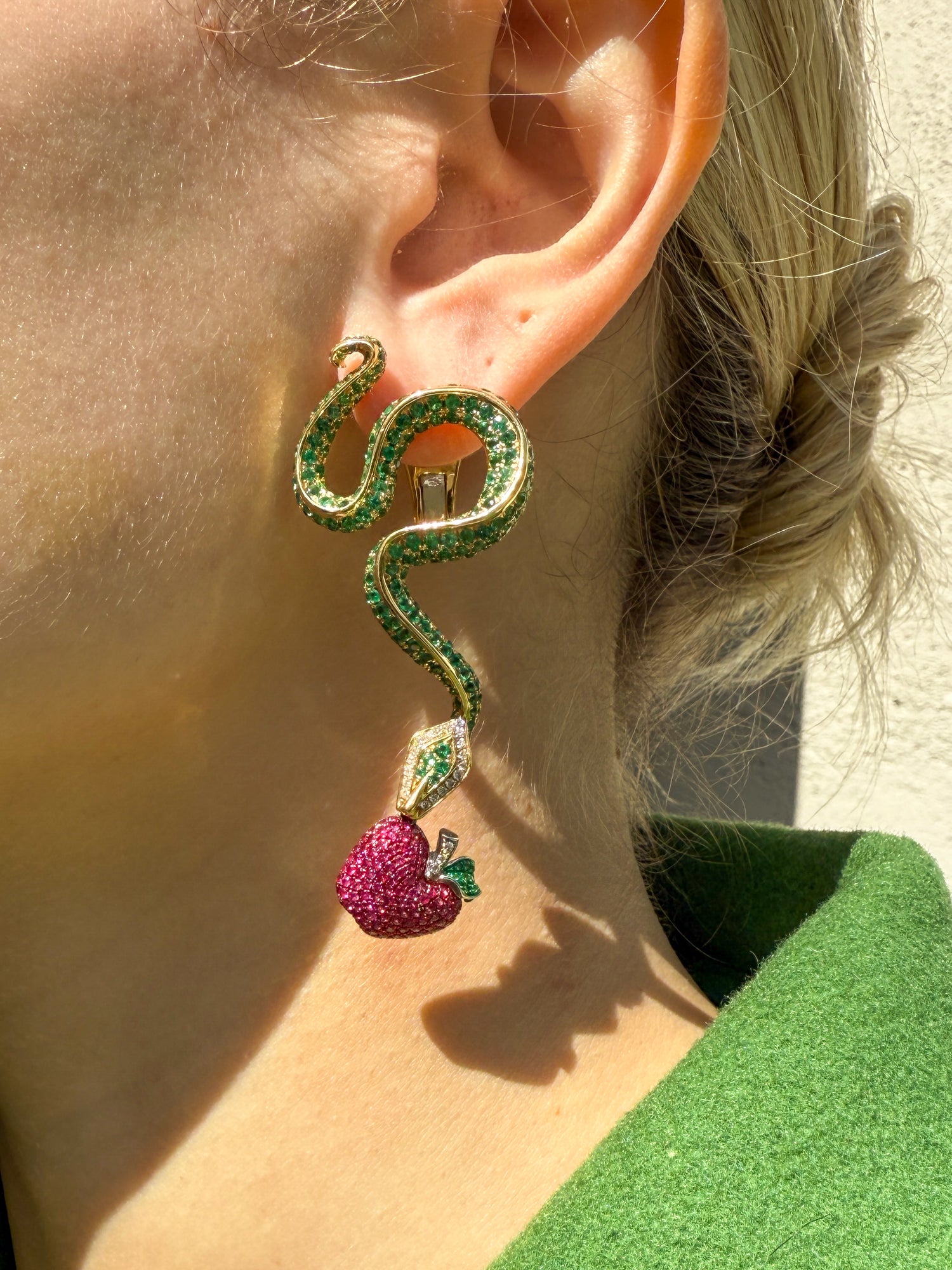 Serpent with Apple Earrings in 18k with Pavé Diamonds, Rubies, and Emeralds