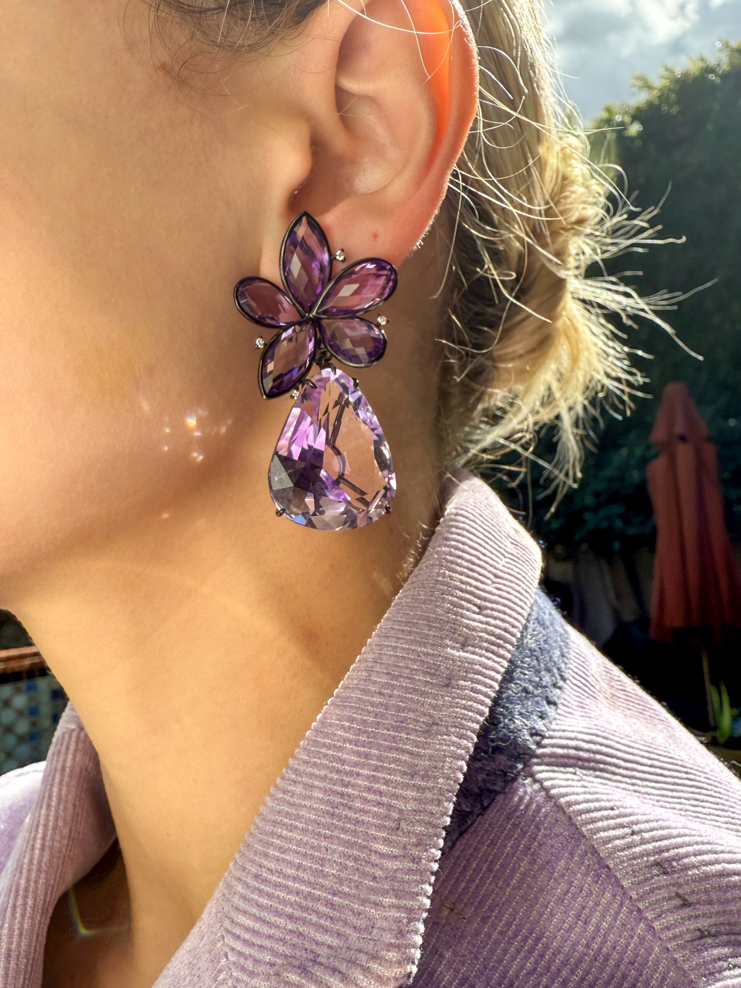 Amethyst Flower Drop Earrings in 18k