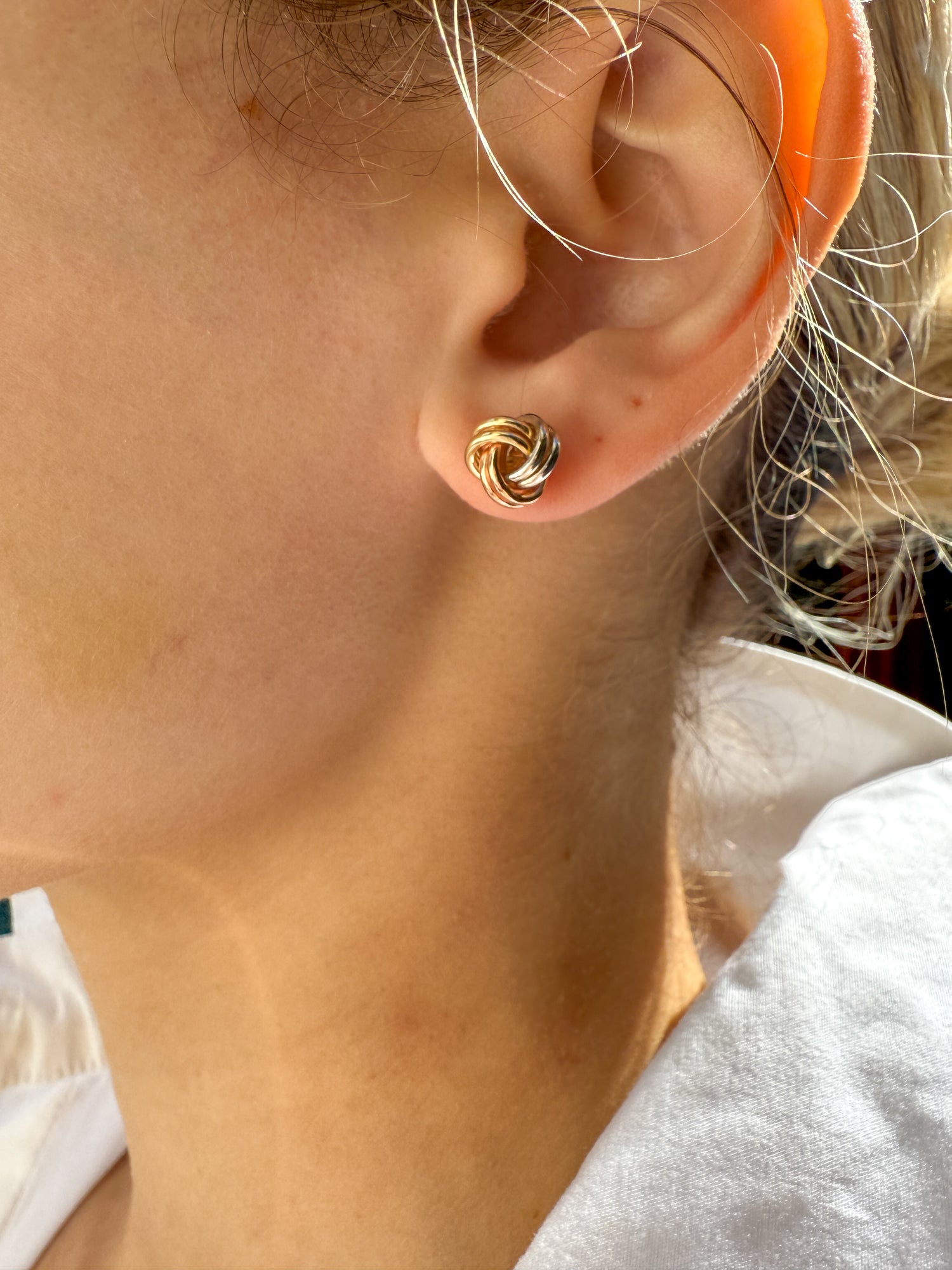 Yellow, White, and Rose Gold Knot Earrings in 14k