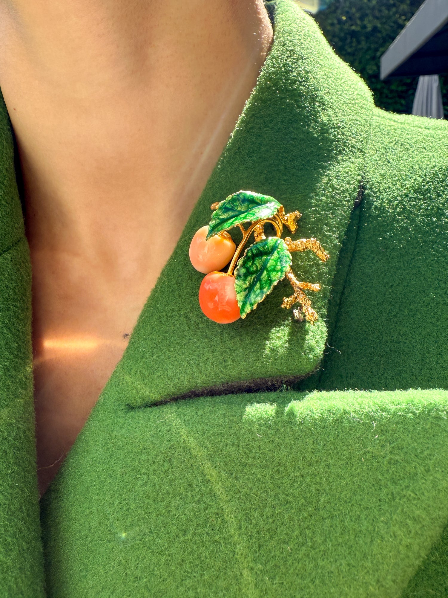 Vintage Cherry Pin in Coral and Enamel in 18k