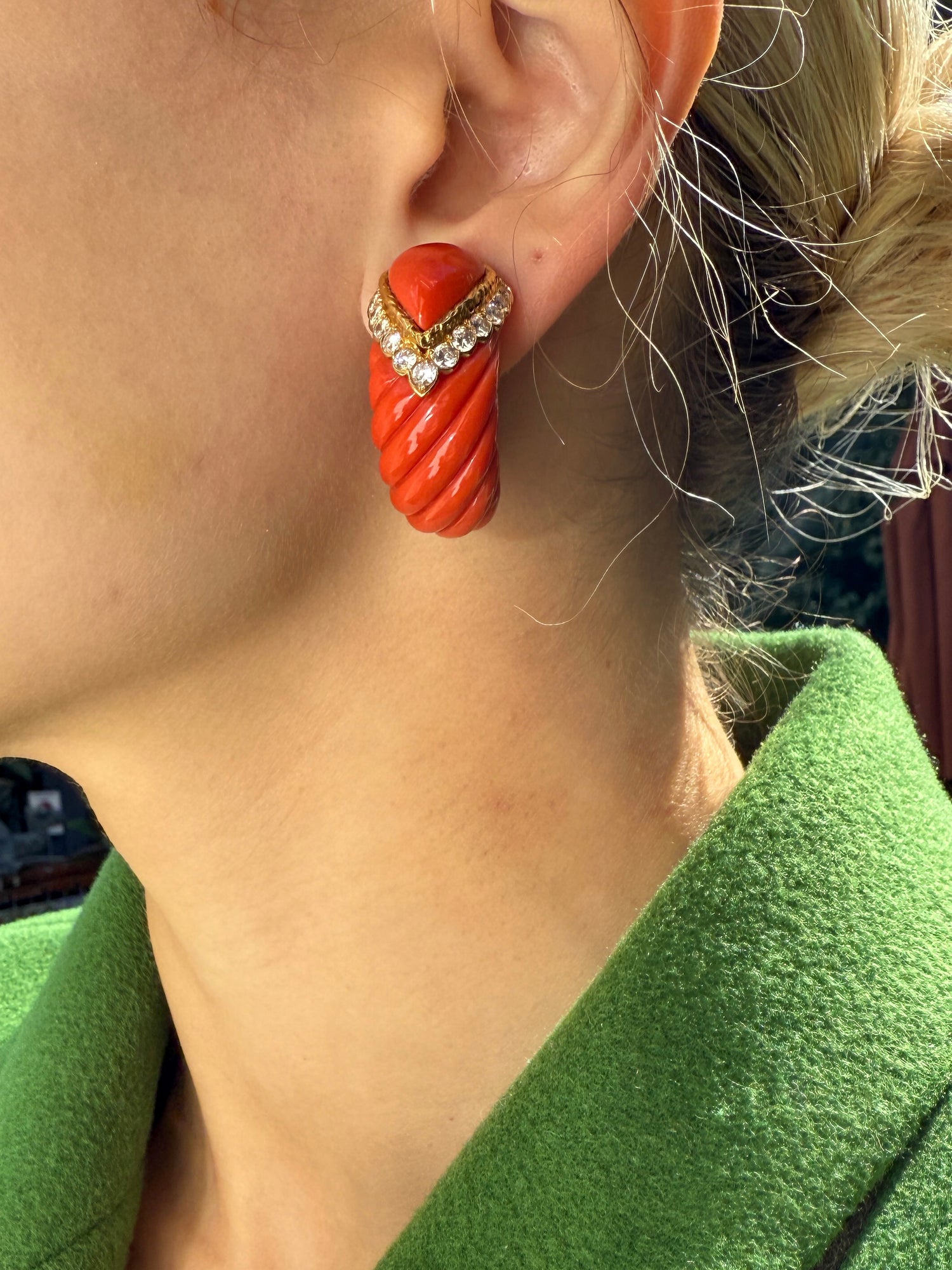 Vintage Carved Coral and Diamond Earrings in 18K