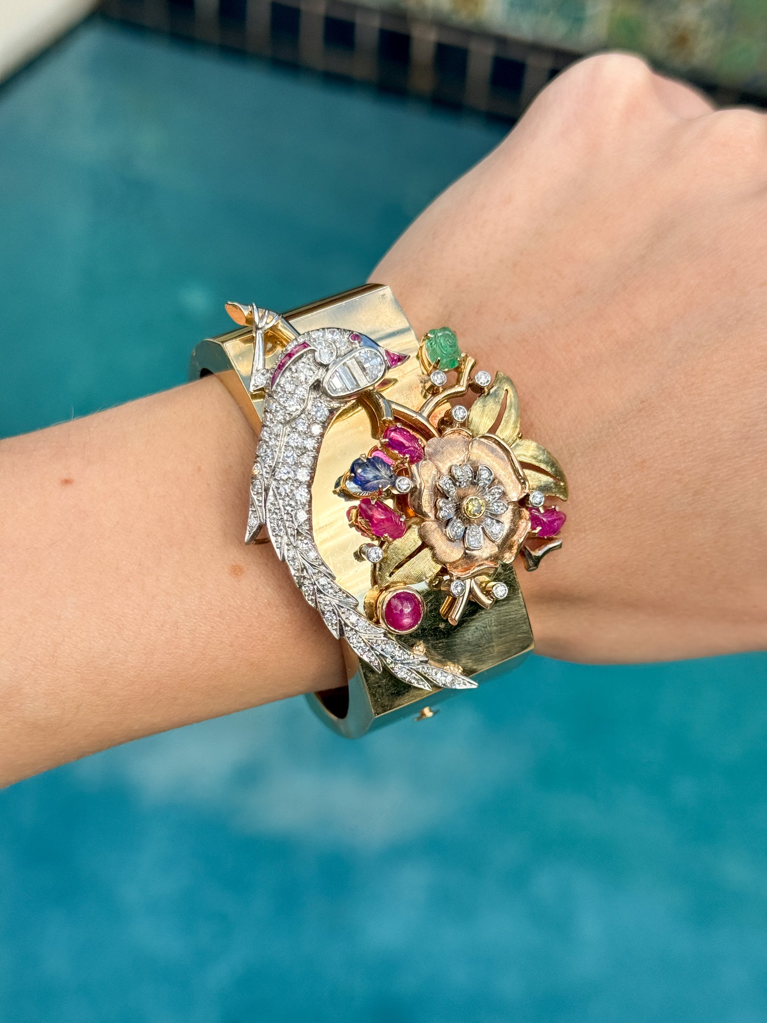 Vintage Retro Multi Gemstone Hinge Bracelet with Carved Rubies, Sapphires, Emeralds, and Diamonds in 14k