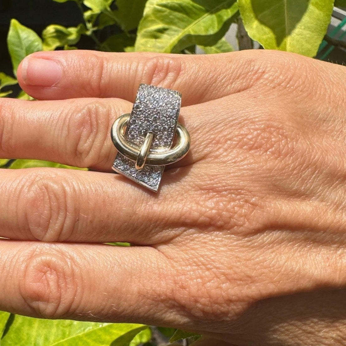 Mid-Century Pave Buckle Ring in 14K