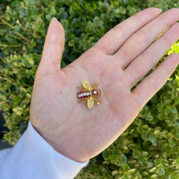 Vintage Bee Pin With Diamonds and Rubies in 14K