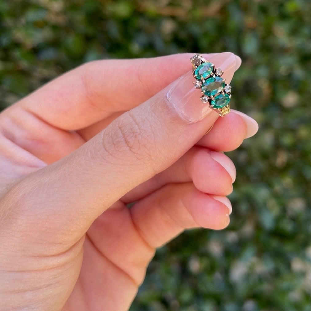 Vintage Etched Emerald Ring With Diamonds in 14K
