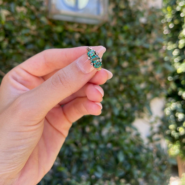 Vintage Etched Emerald Ring With Diamonds in 14K