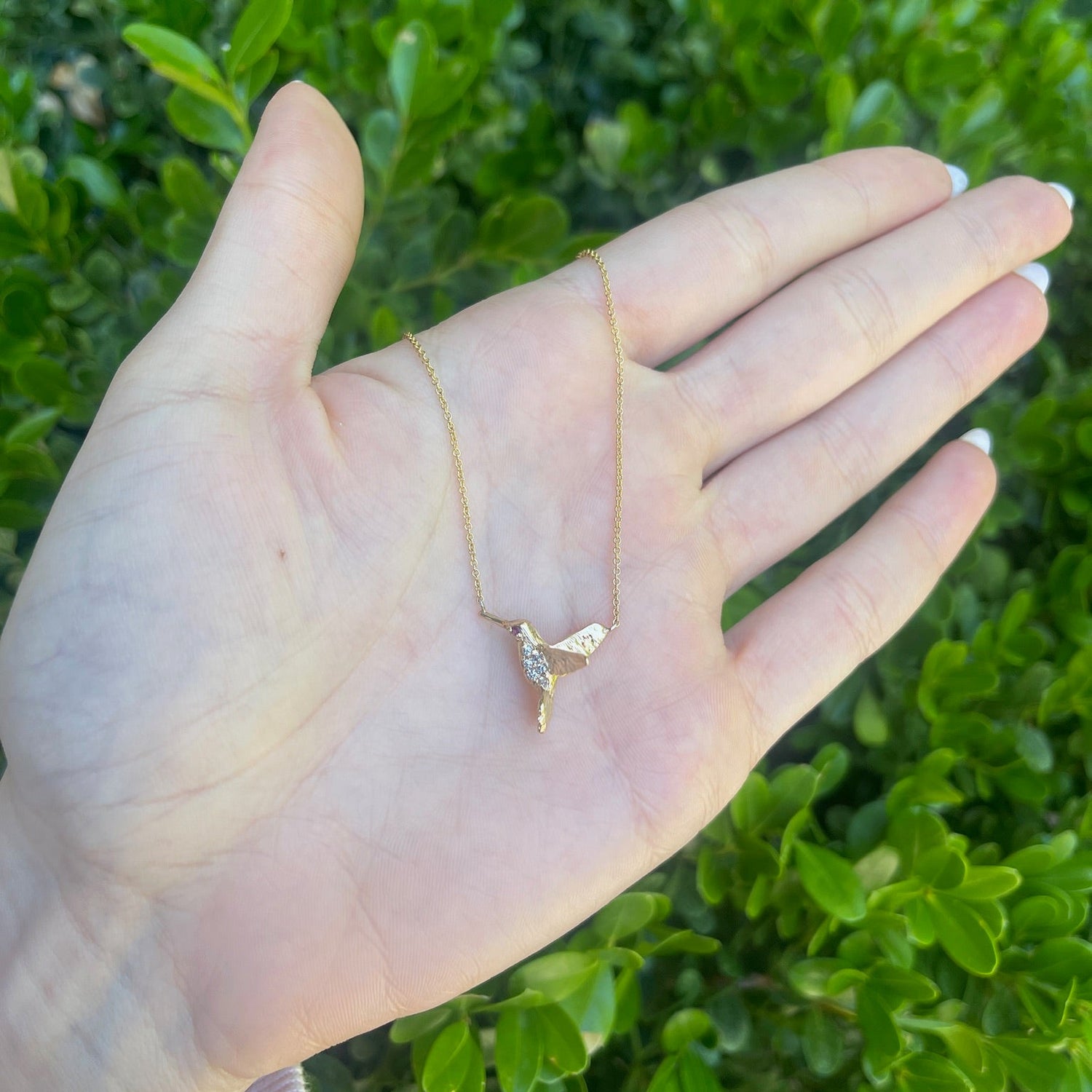 Reimagined Humming Bird Pendant in 14K Gold With Diamonds and Rubies