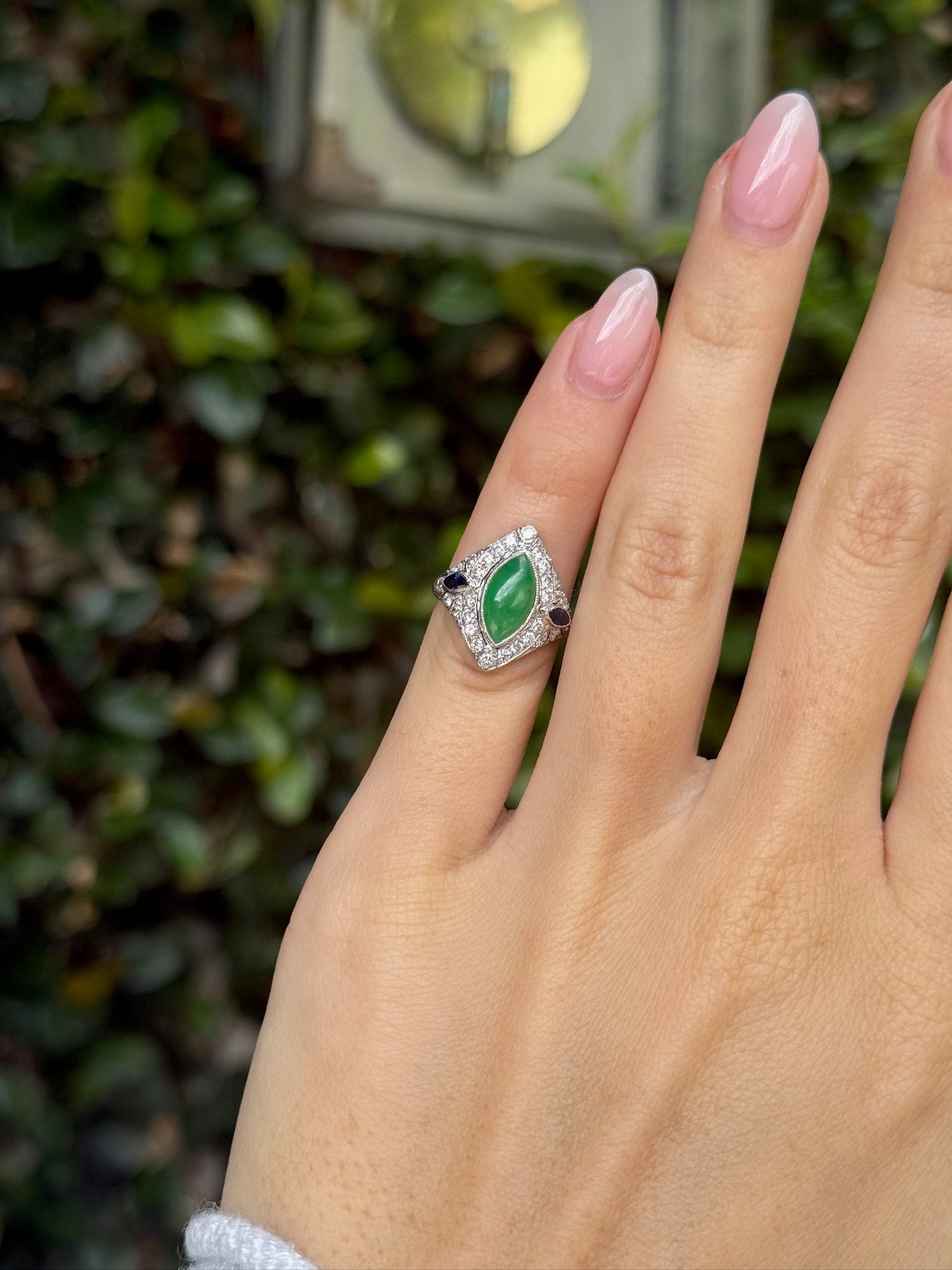 Vintage Jade, Sapphire and Diamond Ring in 18K White Gold