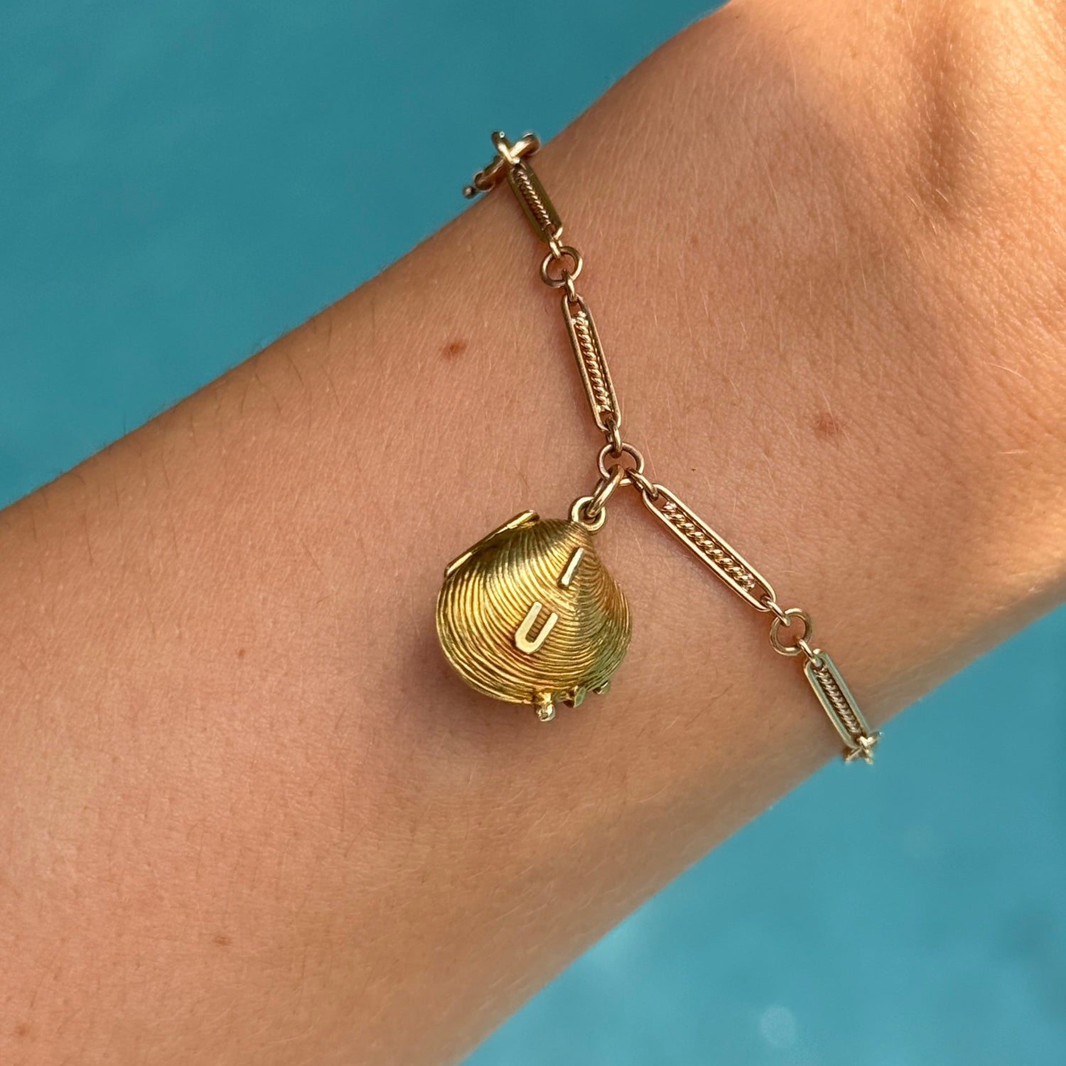 Vintage I U Forever Shell Locket and Bracelet in 14K