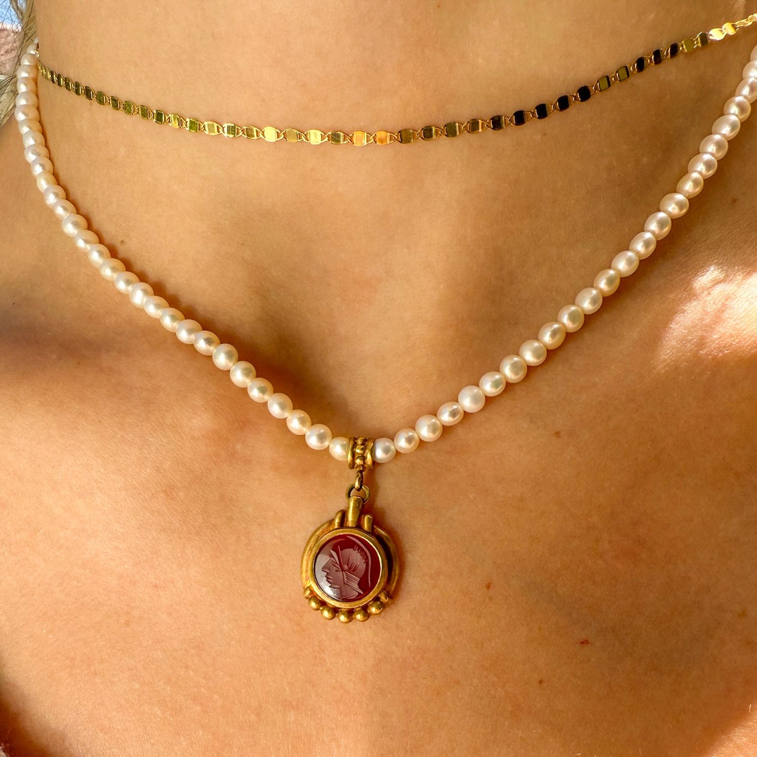 Vintage Carved Carnellian Pendant in 18K on a Pearl Necklace with 14K Clasp