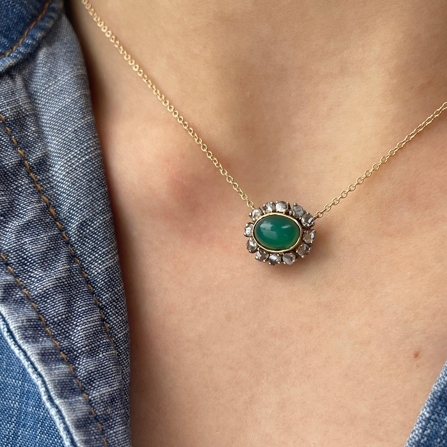 Cabochon Emerald and Rose cut Diamond Pendant Necklace in 14K