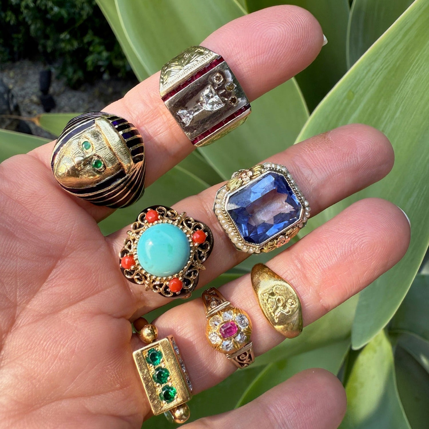 Vintage Enamel and Emerald Face Ring in 14K