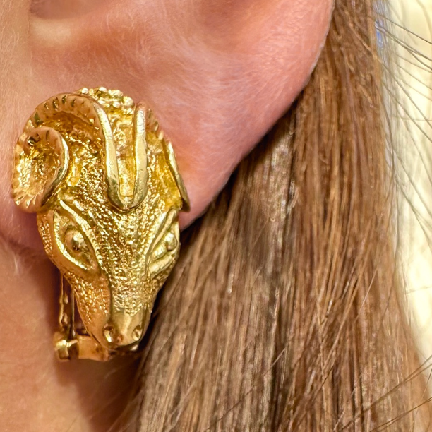 Vintage Diamond and Ruby Ram Earring in 18K Gold