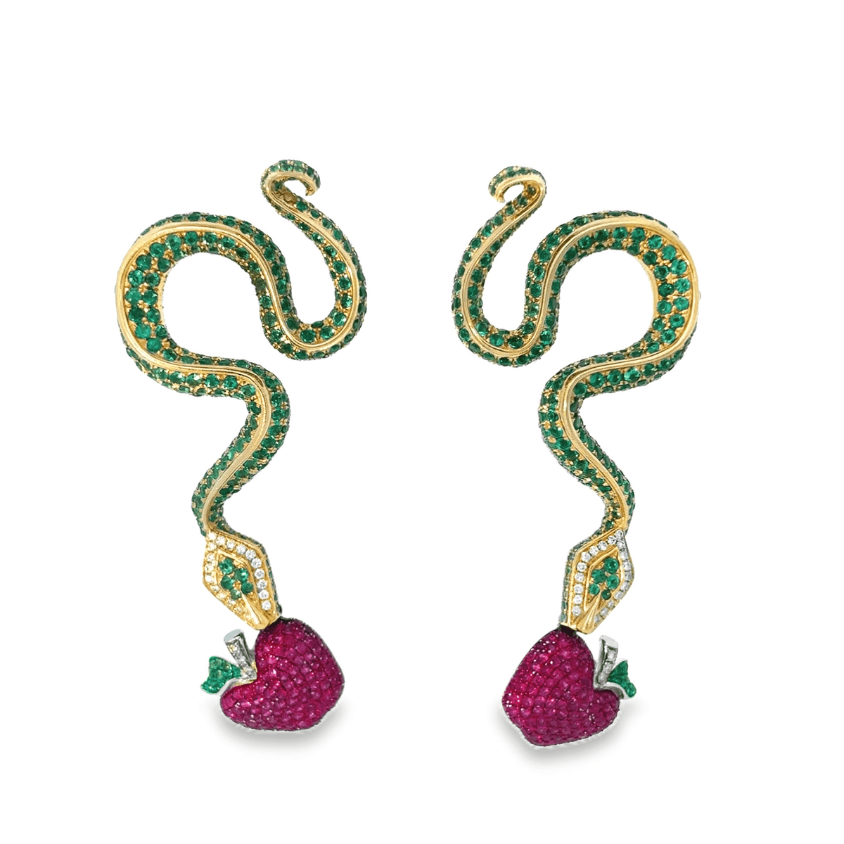 Serpent with Apple Earrings in 18k with Pavé Diamonds, Rubies, and Emeralds