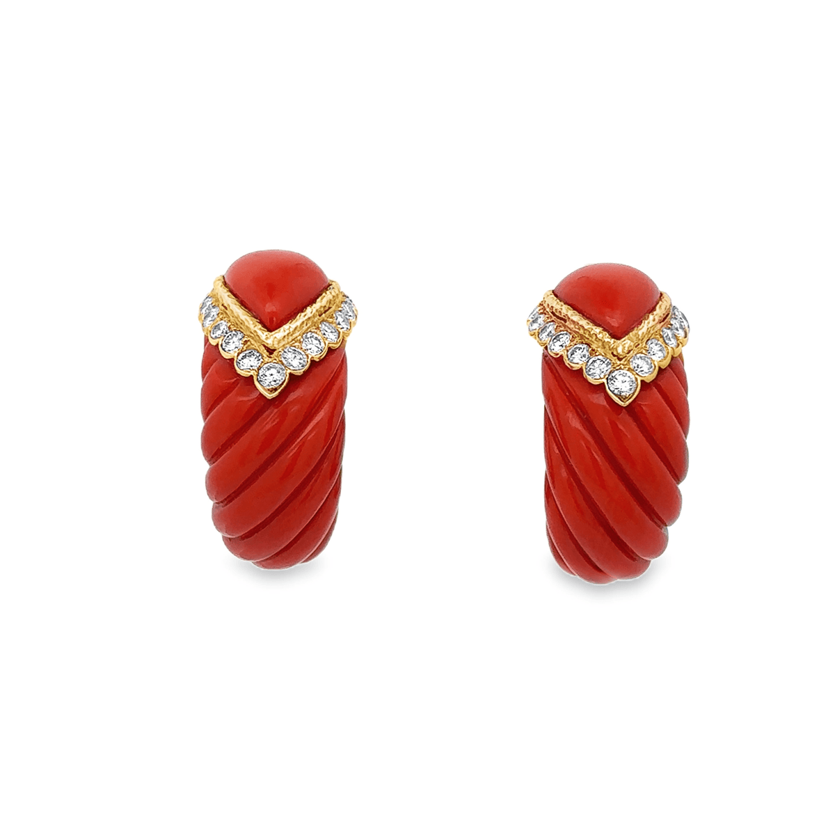 Vintage Carved Coral and Diamond Earrings in 18K