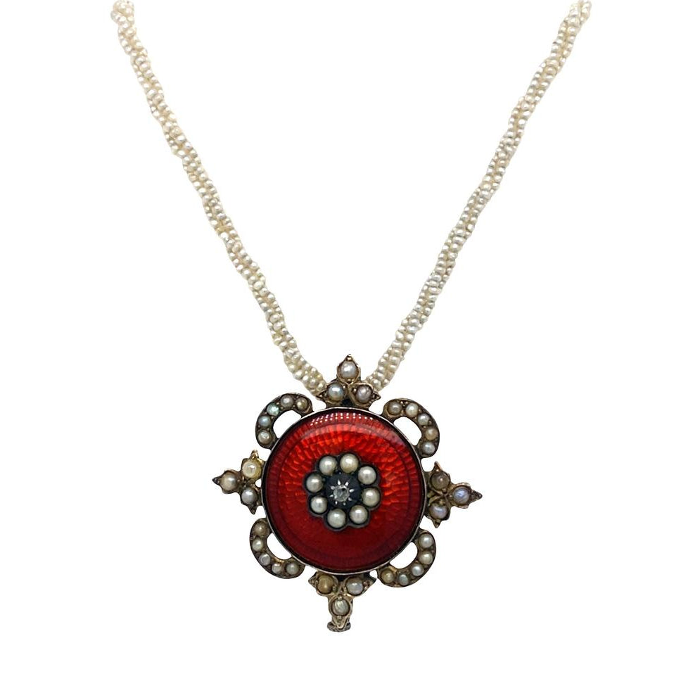 Antique Seed Pearl Necklace with Enamel Pendant