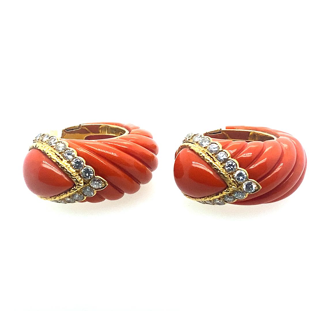 Vintage Carved Coral and Diamond Earrings in 18K