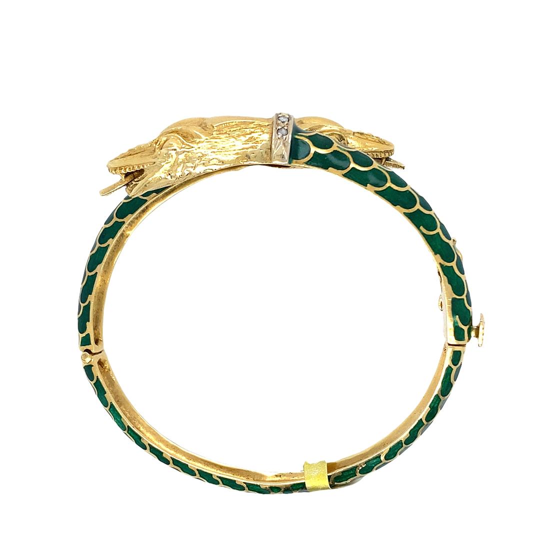Vintage Snake Bypass Bracelet with Diamonds and Green Enamel in 18k