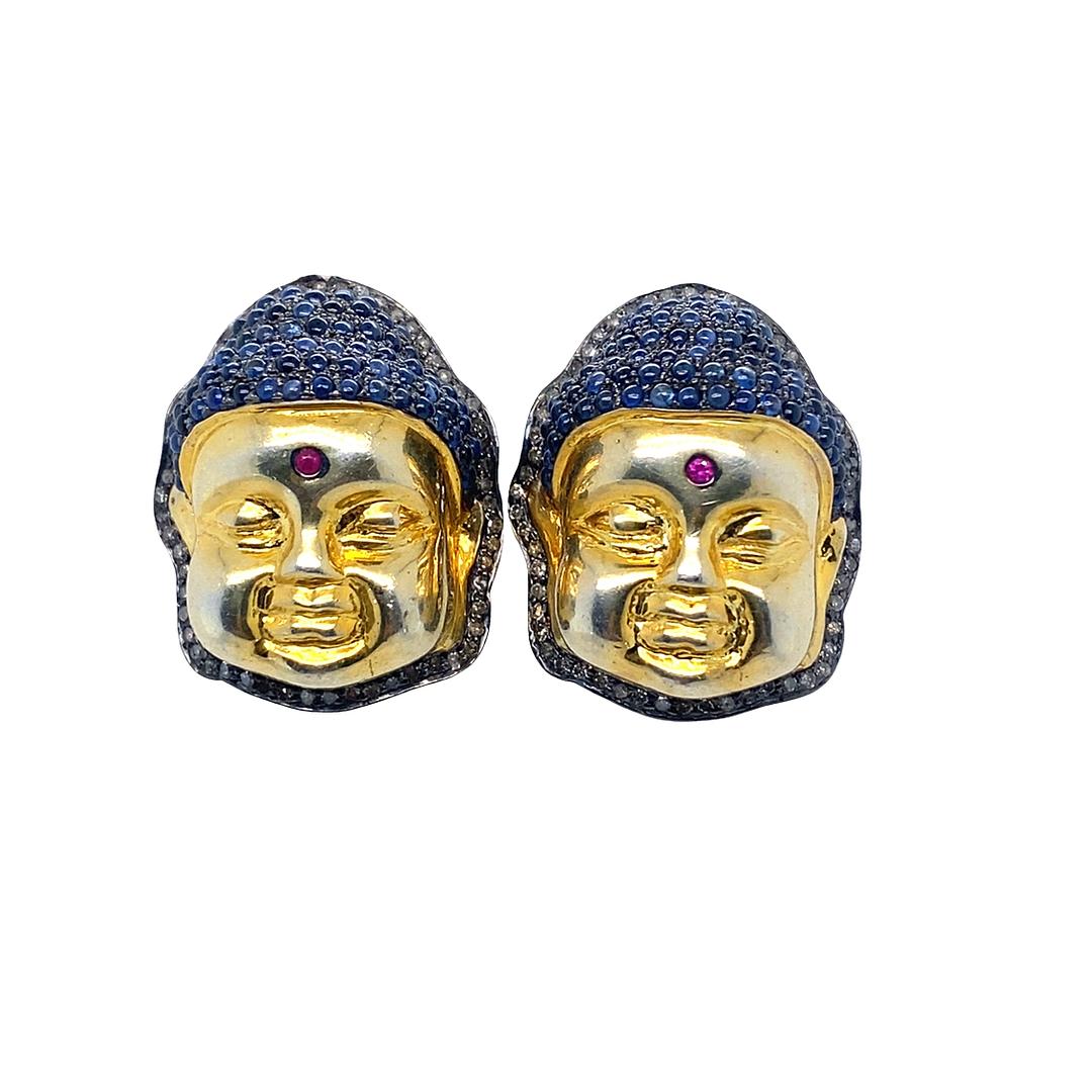 Sapphire, Diamond and Ruby Budda Earrings in 18k Vermeil