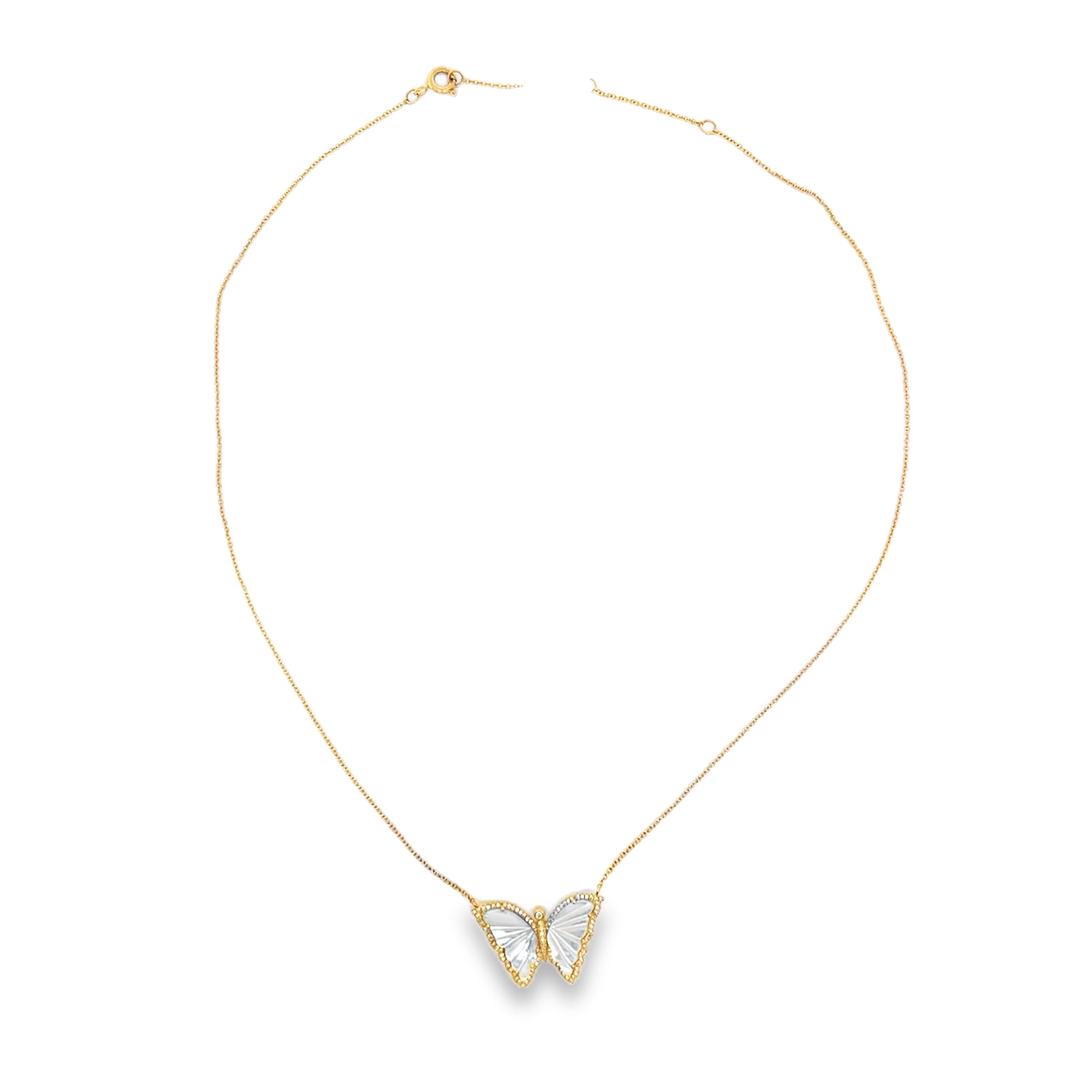 Carved White Mother of Pearl Diamond Butterfly Necklace in 14k
