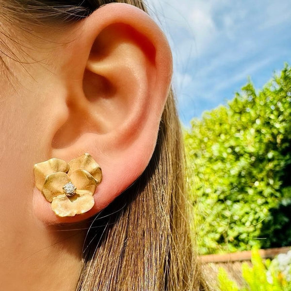 Vintage Diamond and Gold Flower Earrings in 14k
