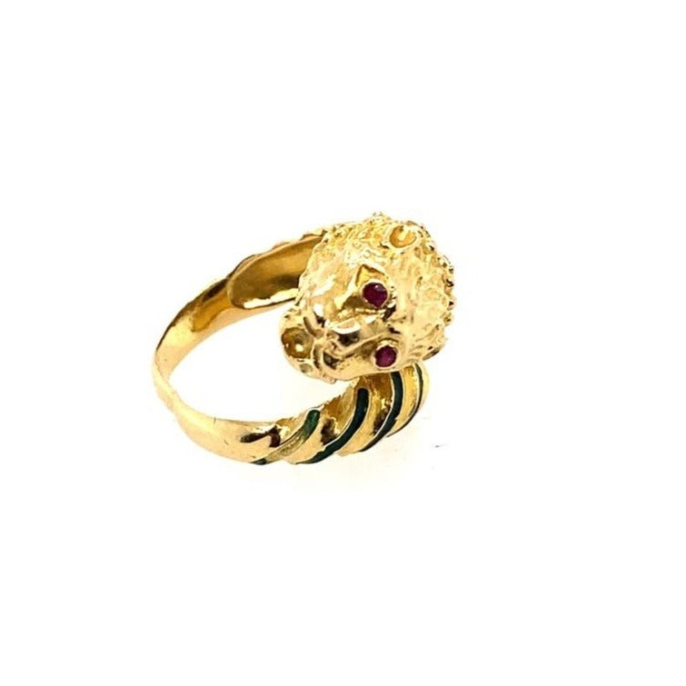 Lion Bypass Ring in 14k and Enamel w/ Ruby Eyes