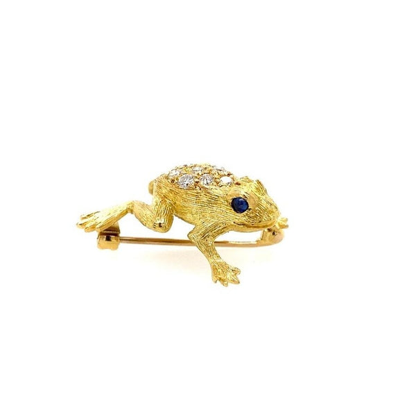 Vintage Diamond and Sapphire Frog Pin in 18k