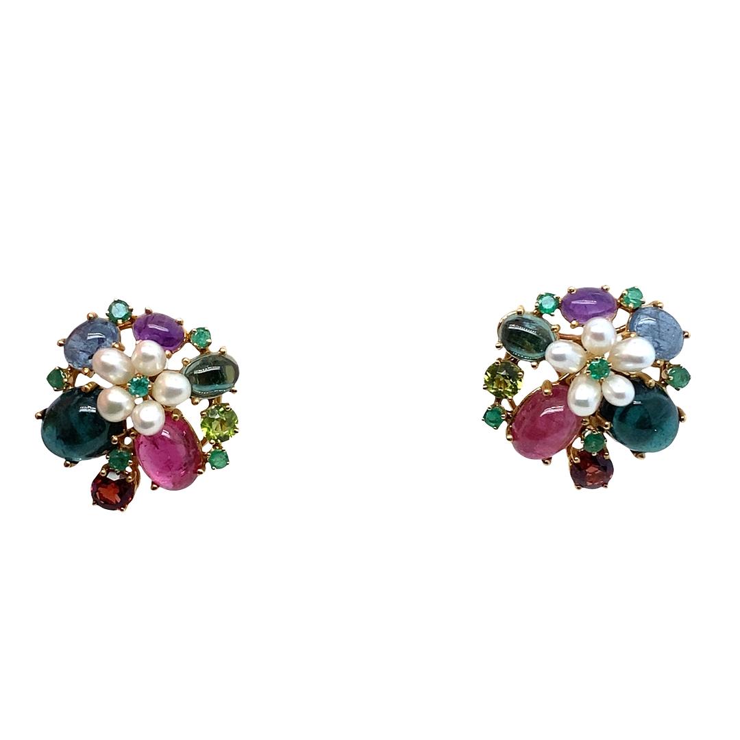 Pearl and Multi-Gemstone Flower Earrings in 14k