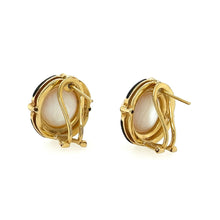 Load image into Gallery viewer, Diamond + Black Enamel Earrings with Mabe Pearl in 18k
