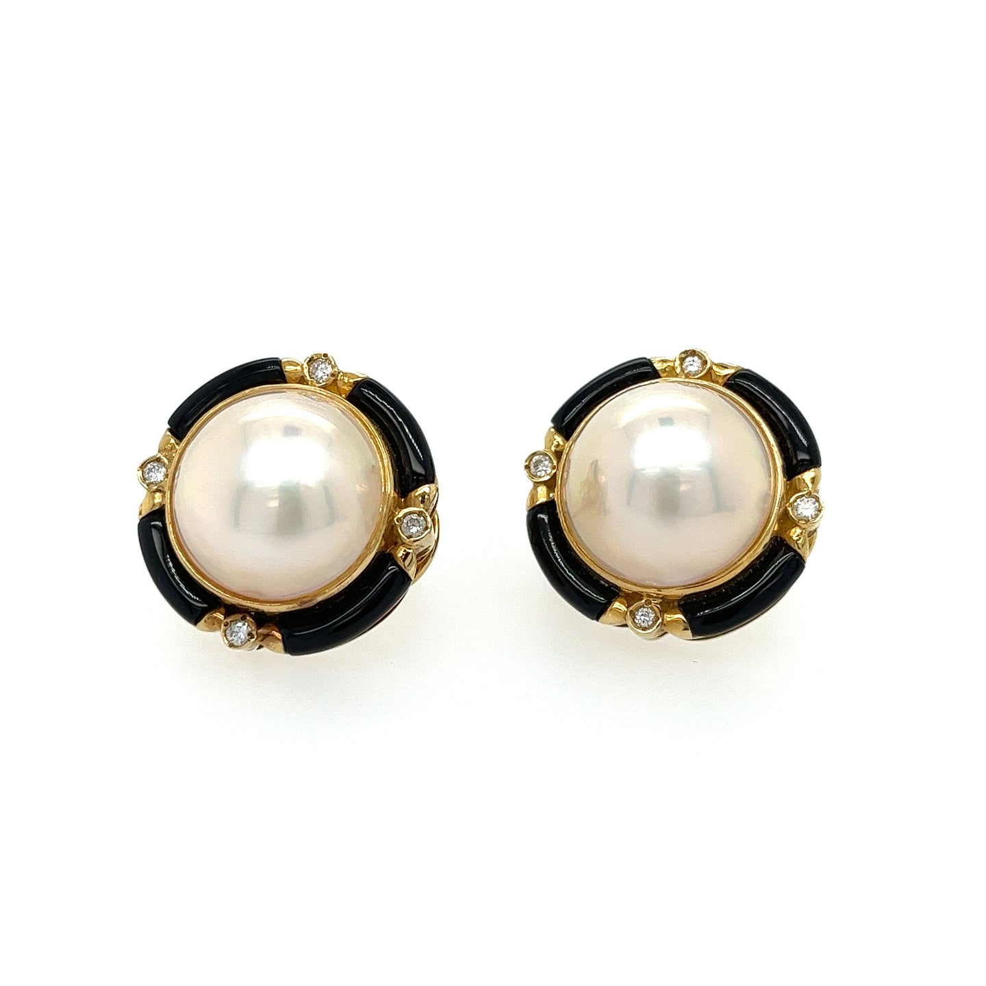 Diamond + Black Enamel Earrings with Mabe Pearl in 18k