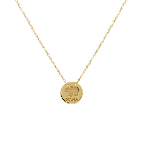 Etched Mama Bear Mini Disc Adjustable Necklace in 14K