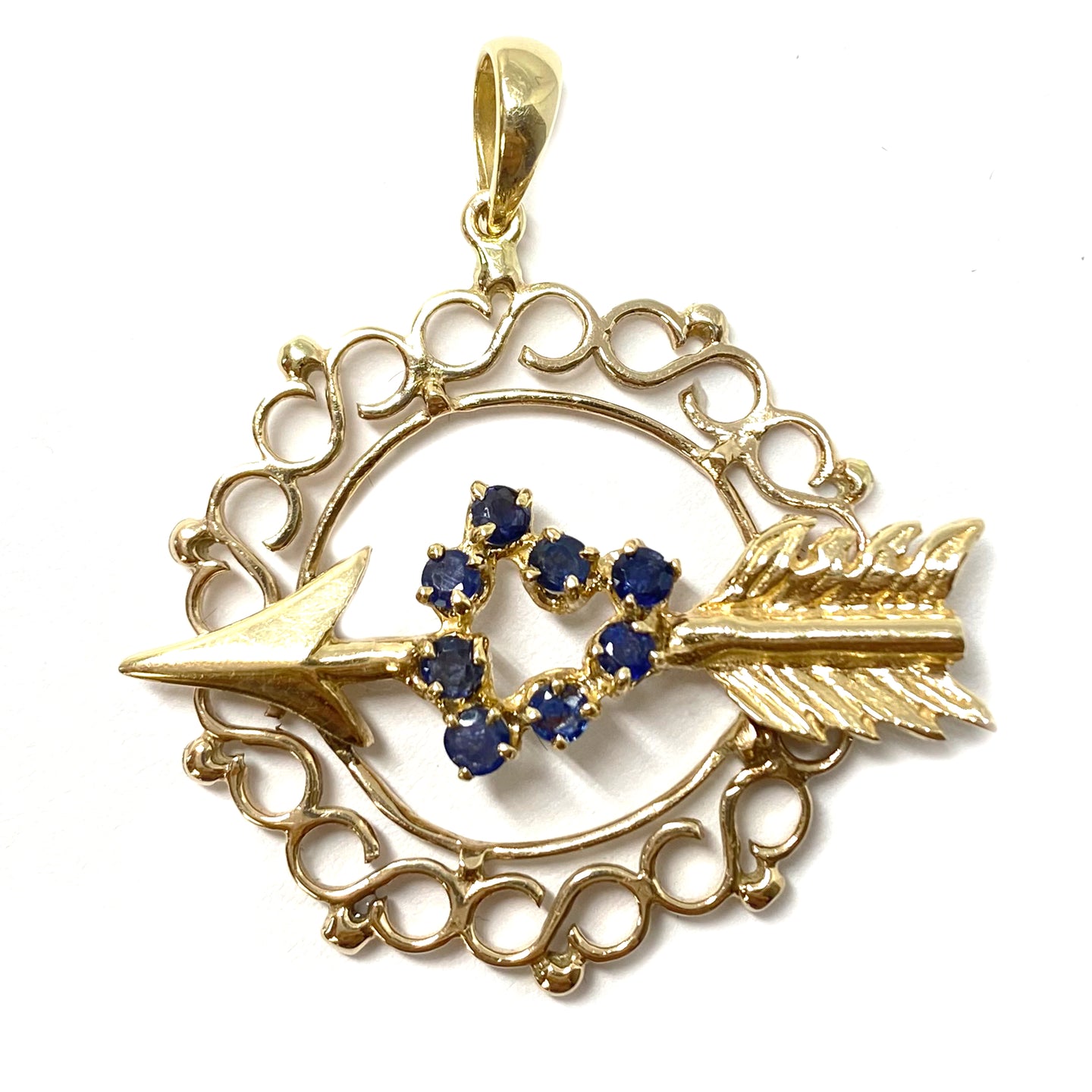 Mid-Century Heart & Arrow Charm with Sapphires in 14k